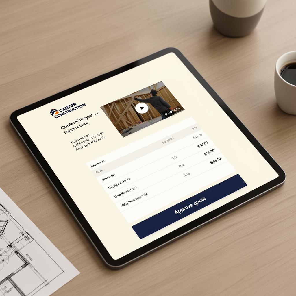 Branded contractor quote being approved by a client on a tablet